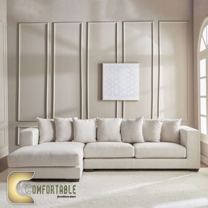 ركنة مودرن على شكل L من خشب الزان الأحمر مع وسائد مريحة باللون البيج – Comfortable Furniture Store