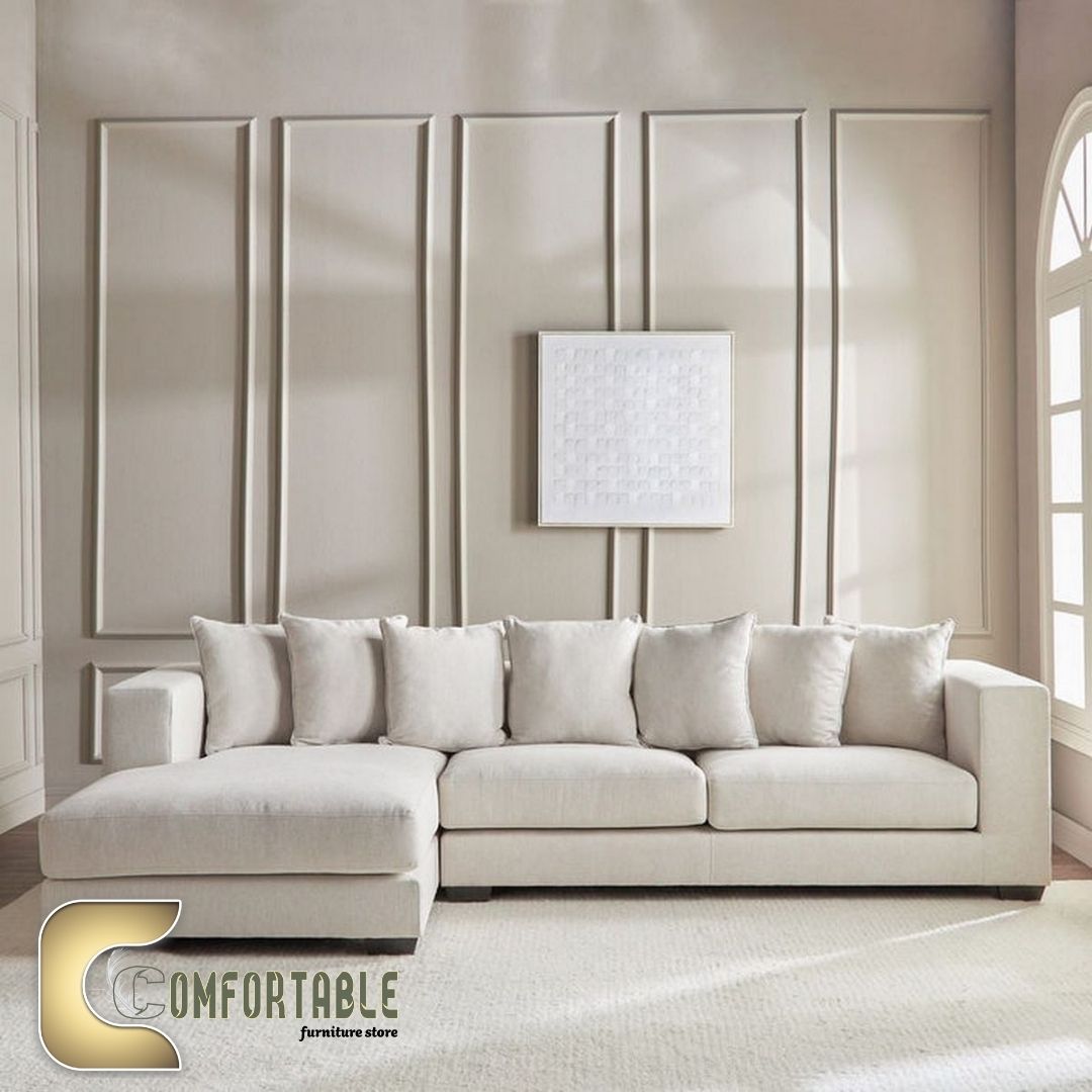 ركنة مودرن L Shape Sofa من خشب الزان – Comfortable Furniture ركنة مودرن على شكل L من خشب الزان الأحمر مع وسائد مريحة باللون البيج – Comfortable Furniture Store