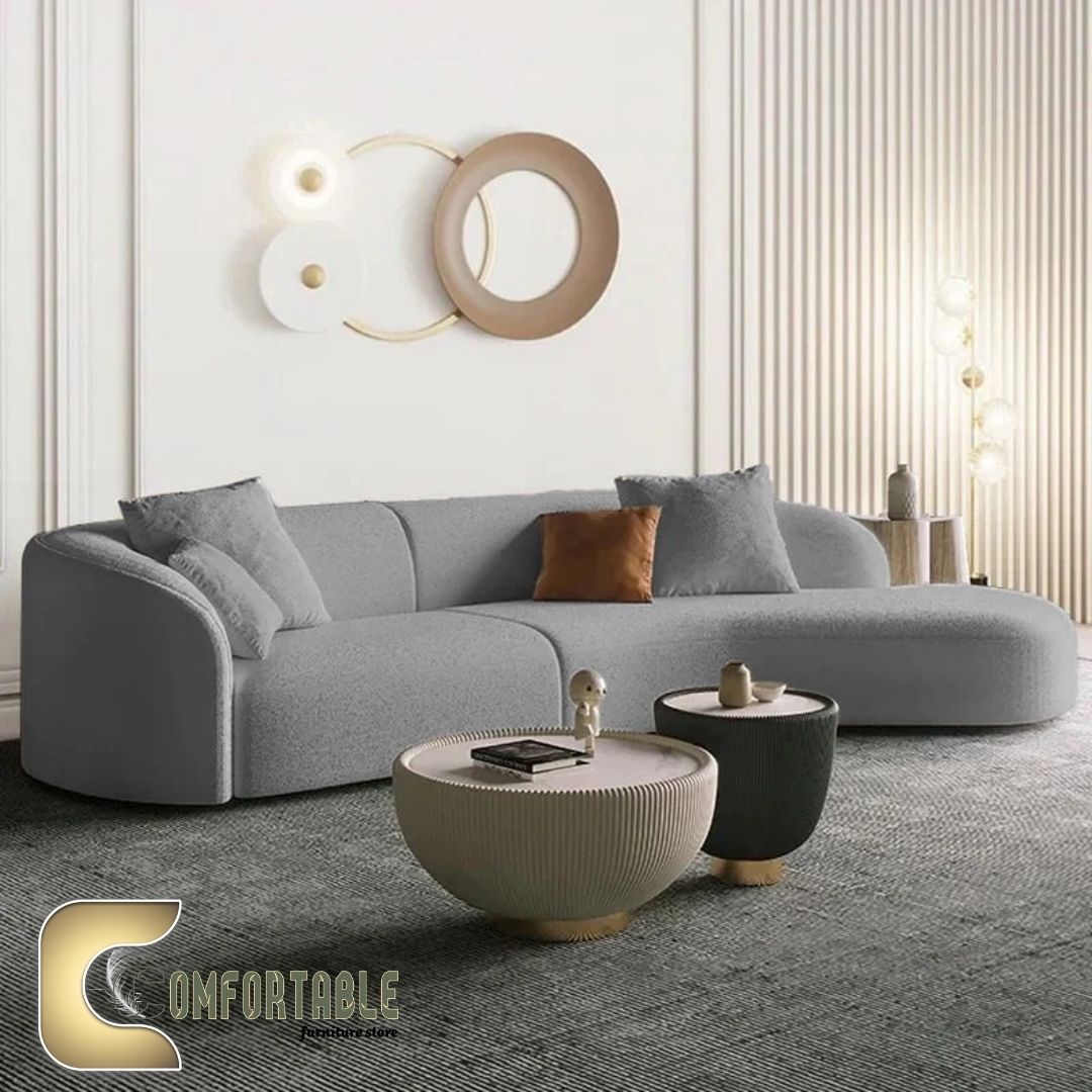 ركنة مودرن L Shape Sofa من خشب الزان – Comfortable Furniture ركنة مودرن على شكل L من خشب الزان الأحمر مع وسائد مريحة باللون البيج – Comfortable Furniture Store
