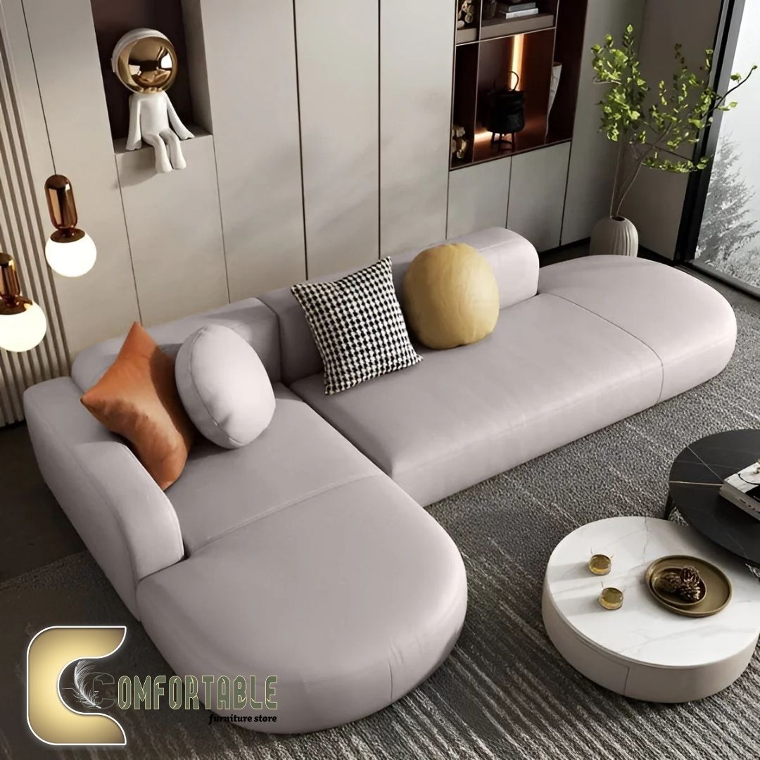ركنة مودرن L Shape Sofa من خشب الزان – Comfortable Furniture ركنة مودرن على شكل L من خشب الزان الأحمر مع وسائد مريحة باللون البيج – Comfortable Furniture Store
