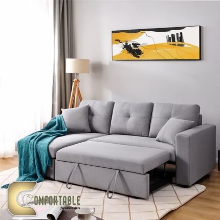 ركنة مودرن على شكل L من خشب الزان الأحمر مع وسائد مريحة باللون البيج – Comfortable Furniture Store