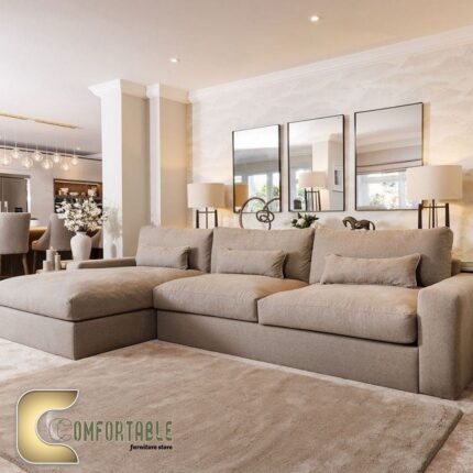 ركنة مودرن على شكل L من خشب الزان الأحمر مع وسائد مريحة باللون البيج – Comfortable Furniture Store
