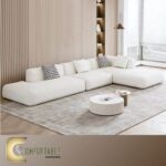 ركنة مودرن على شكل L من خشب الزان الأحمر مع وسائد مريحة باللون البيج – Comfortable Furniture Store