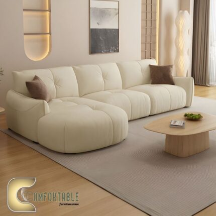 ركنة مودرن على شكل L من خشب الزان الأحمر مع وسائد مريحة باللون البيج – Comfortable Furniture Store