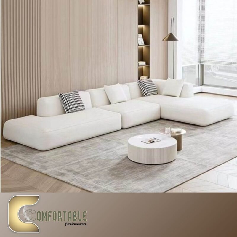 ركنة مودرن على شكل L من خشب الزان الأحمر مع وسائد مريحة باللون البيج – Comfortable Furniture Store