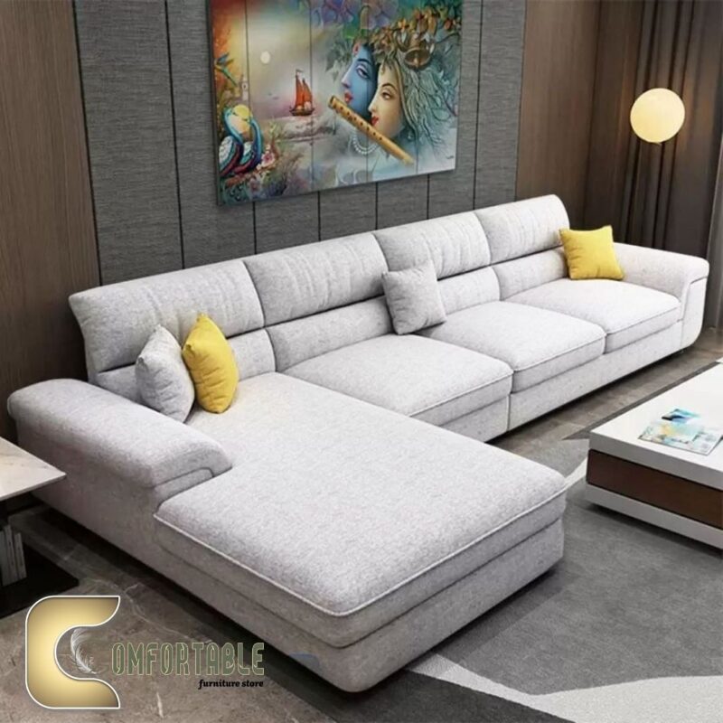 ركنة مودرن على شكل L من خشب الزان الأحمر مع وسائد مريحة باللون البيج – Comfortable Furniture Store