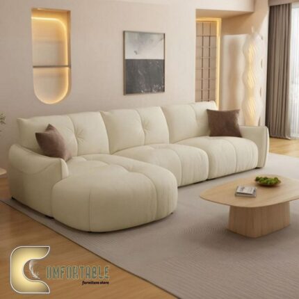ركنة مودرن على شكل L من خشب الزان الأحمر مع وسائد مريحة باللون البيج – Comfortable Furniture Store