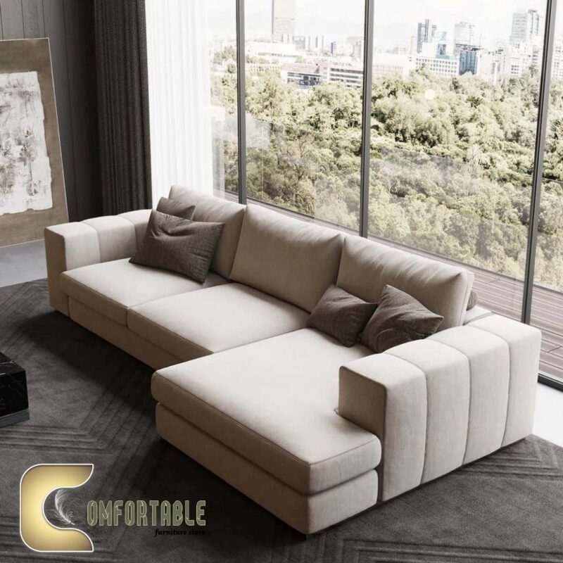 ركنة مودرن على شكل L من خشب الزان الأحمر مع وسائد مريحة باللون البيج – Comfortable Furniture Store