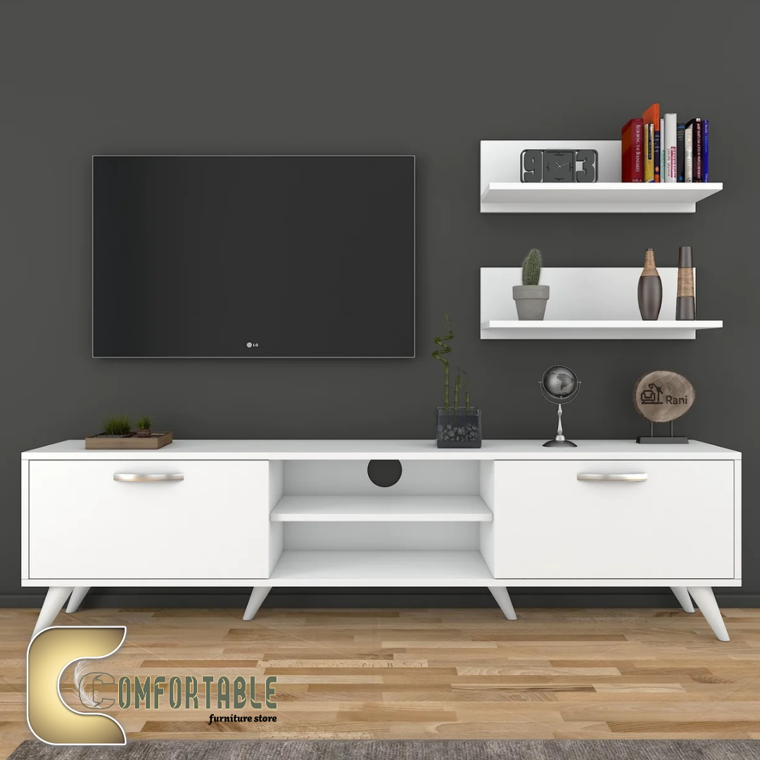 وحدة تلفزيون مودرن مع رفوف حائط – TV Stand with Wall Shelves وحدة تلفزيون مودرن مع رفوف حائط للتخزين والديكور