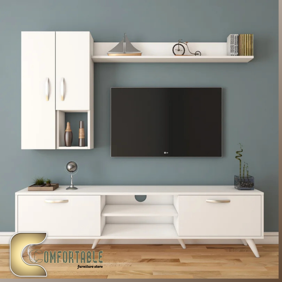 وحدة تلفزيون مع مكتبة جانبية ورف علوي – Modern TV Wall Unit وحدة تلفزيون مودرن خشب MDF وكونتر مع مكتبة جانبية ورف علوي للتخزين والديكور