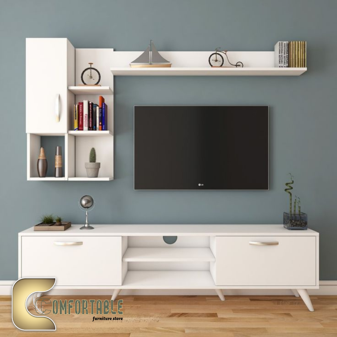11 TV unit with 2  bookcase and side top shelf WHITE - Image 1