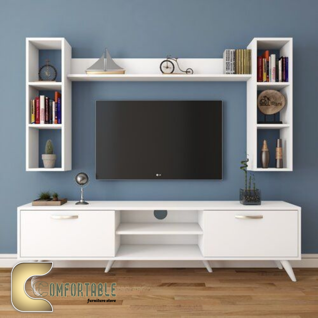 12 TV unit with 2 bookcase and side top shelf WHITE - Image 1