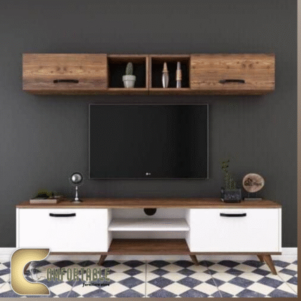 وحدة تلفزيون مودرن خشب MDF وكونتر مع مكتبة جانبية ورف علوي للتخزين والديكور