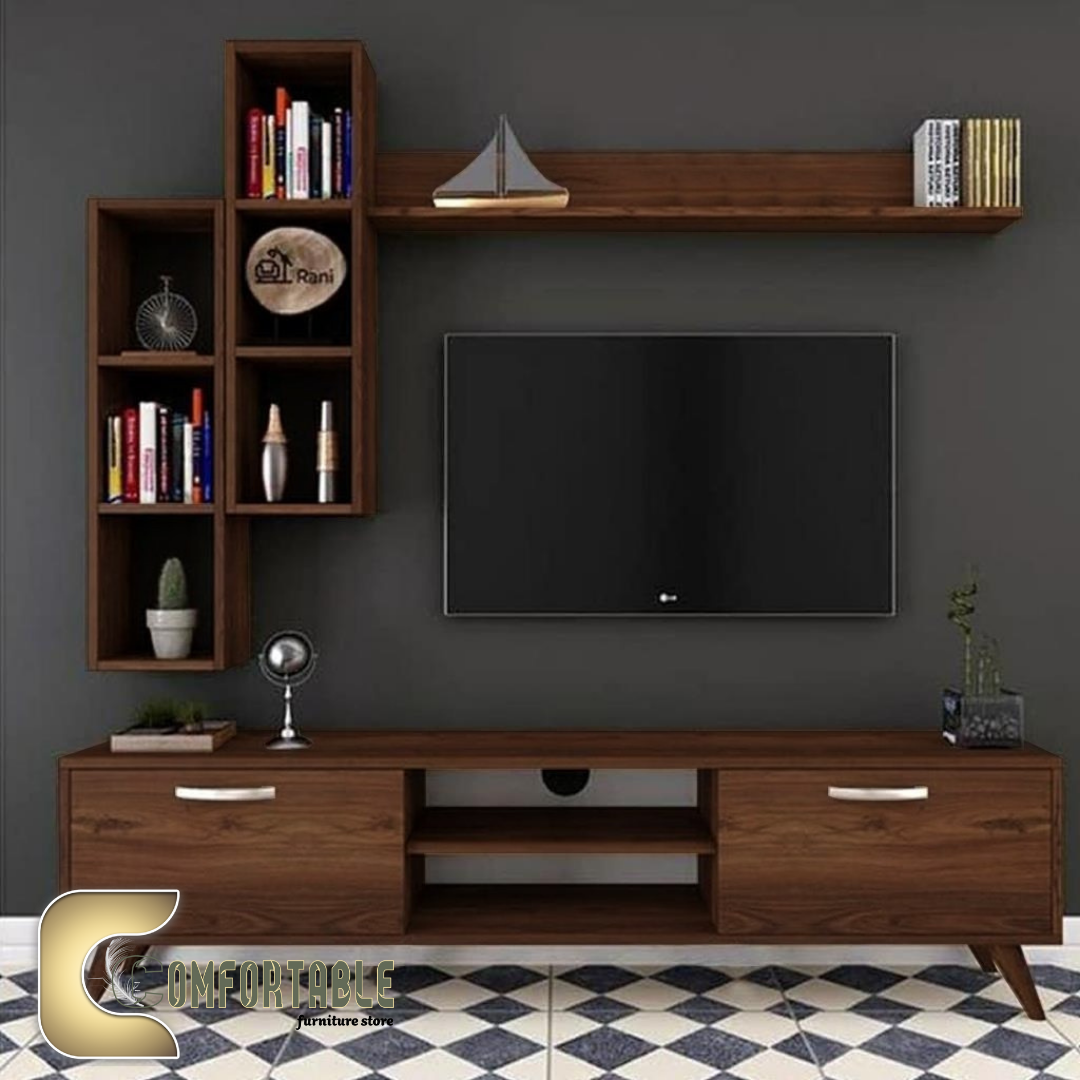 19 TV unit with 2 side bookcase and top shelf BROWN - Image 1