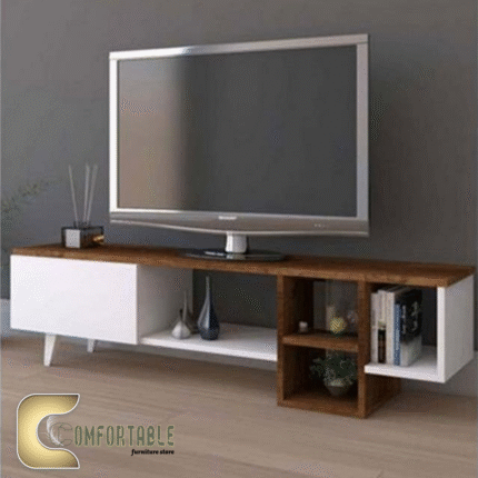 وحدة تلفزيون مودرن خشب MDF وكونتر مع مكتبة جانبية ورف علوي للتخزين والديكور