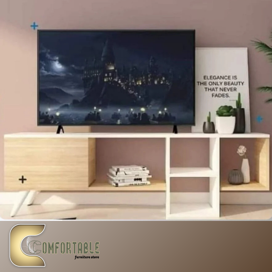 وحدة تلفزيون مع مكتبة جانبية ورف علوي – Modern TV Wall Unit وحدة تلفزيون مودرن خشب MDF وكونتر مع مكتبة جانبية ورف علوي للتخزين والديكور