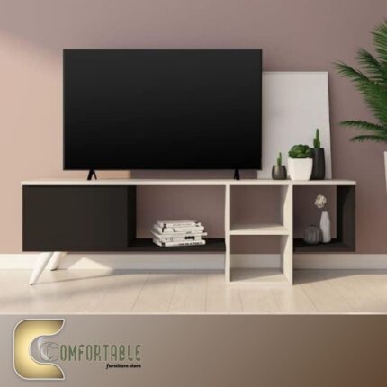 وحدة تلفزيون مودرن خشب MDF وكونتر مع مكتبة جانبية ورف علوي للتخزين والديكور