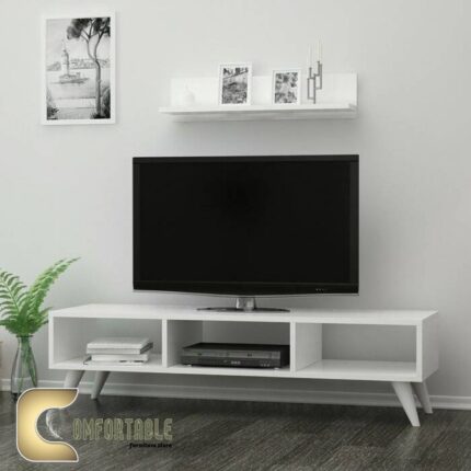 وحدة تلفزيون مودرن خشب MDF وكونتر مع مكتبة جانبية ورف علوي للتخزين والديكور