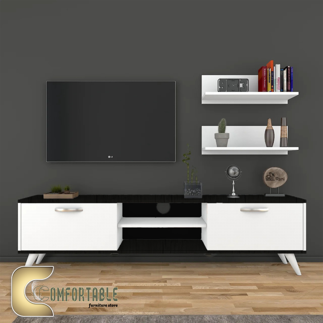 وحدة تلفزيون مودرن مع رفوف حائط – TV Stand with Wall Shelves وحدة تلفزيون مودرن مع رفوف حائط للتخزين والديكور