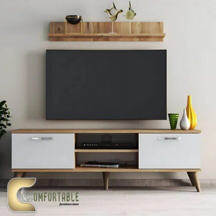 وحدة تلفزيون مودرن خشب MDF وكونتر مع مكتبة جانبية ورف علوي للتخزين والديكور