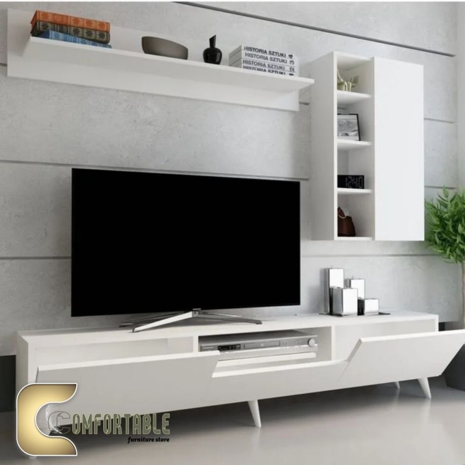 وحدة تلفزيون مع مكتبة جانبية ورف علوي – Modern TV Wall Unit وحدة تلفزيون مودرن خشب MDF وكونتر مع مكتبة جانبية ورف علوي للتخزين والديكور