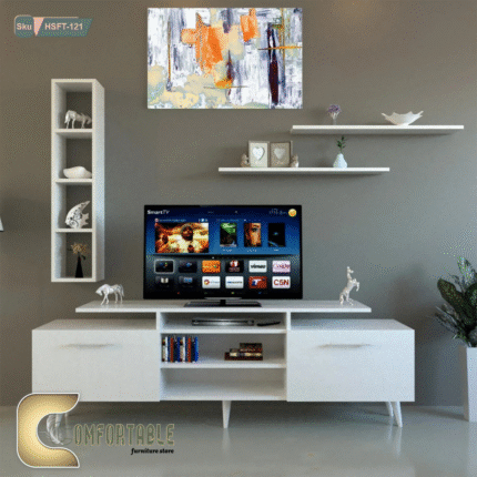 وحدة تلفزيون مودرن مع رفوف حائط ابيض و أسود– TV Stand with Wall Shelves white & black