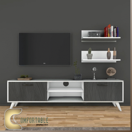 وحدة تلفزيون مودرن مع رفوف حائط للتخزين والديكور