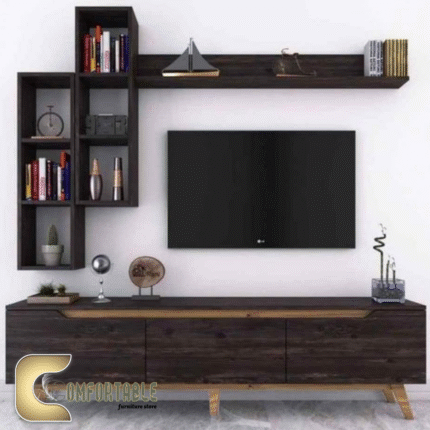 وحدة تلفزيون مودرن خشب MDF وكونتر مع مكتبة جانبية ورف علوي للتخزين والديكور