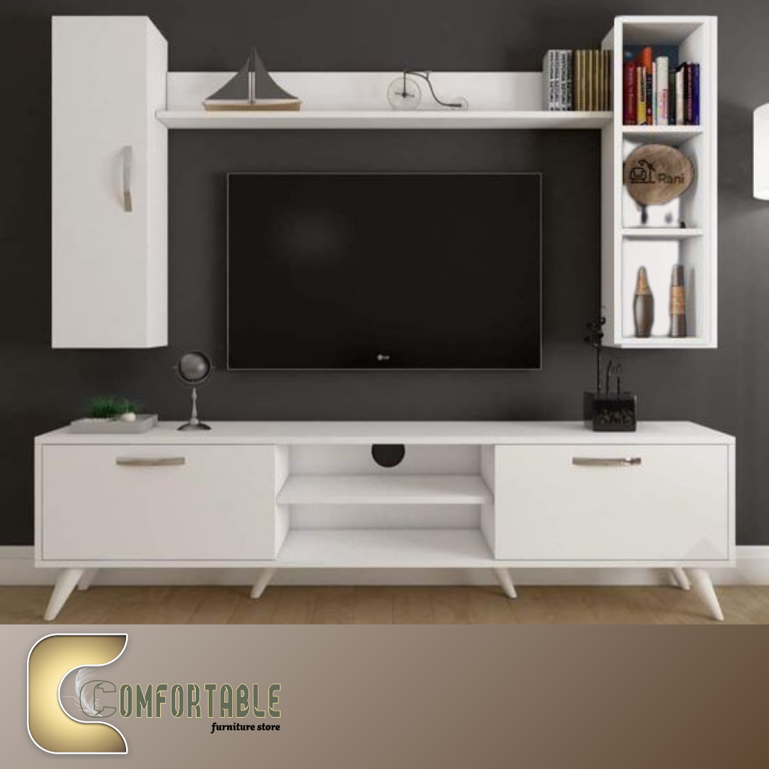 وحدة تلفزيون مع مكتبة جانبية ورف علوي – Modern TV Wall Unit وحدة تلفزيون مودرن خشب MDF وكونتر مع مكتبة جانبية ورف علوي للتخزين والديكور