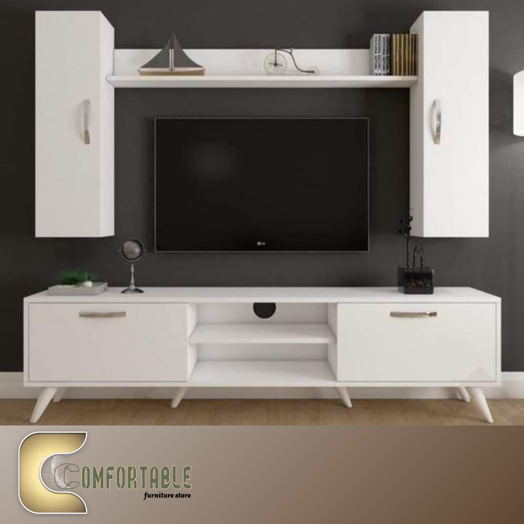 وحدة تلفزيون مع مكتبة جانبية ورف علوي – Modern TV Wall Unit وحدة تلفزيون مودرن خشب MDF وكونتر مع مكتبة جانبية ورف علوي للتخزين والديكور