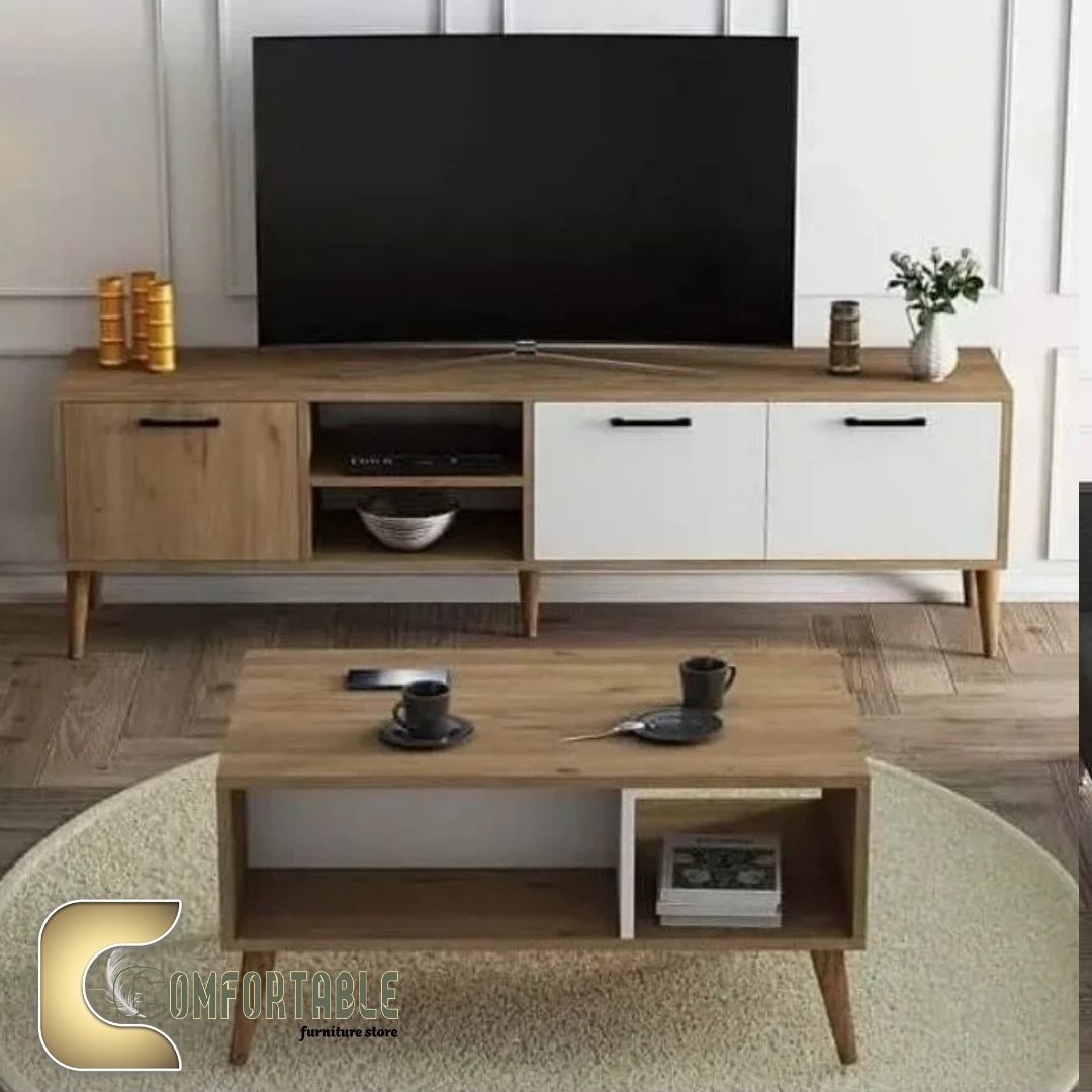 2 (TC17) وحدة تلفزيون و ترابيزة قهوة - بني × أبيض - Image 1
