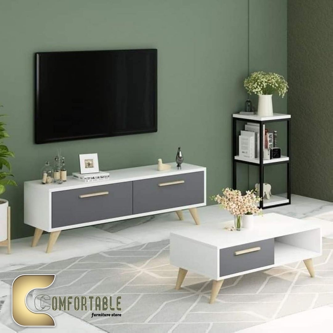 20 (TC11) وحدة تلفزيون و ترابيزة قهوة - أبيض × رماد - Image 1