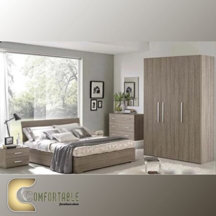 غرفة نوم شبابي مودرن مكونة من سرير ودولاب وتسريحة بتصميم انسيابي وأنيق.