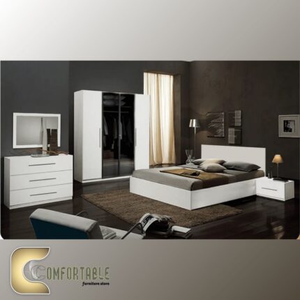 غرفة نوم شبابي مودرن مكونة من سرير ودولاب وتسريحة بتصميم انسيابي وأنيق.