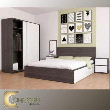 غرفة نوم شبابي مودرن مكونة من سرير ودولاب وتسريحة بتصميم انسيابي وأنيق.