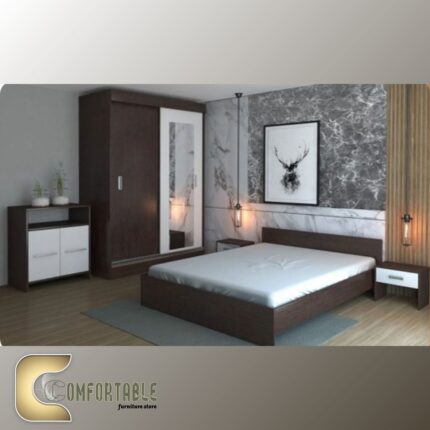 غرفة نوم شبابي مودرن مكونة من سرير ودولاب وتسريحة بتصميم انسيابي وأنيق.