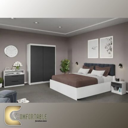 غرفة نوم شبابي مودرن مكونة من سرير ودولاب وتسريحة بتصميم انسيابي وأنيق.