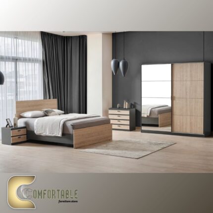 غرفة نوم شبابي مودرن مكونة من سرير ودولاب وتسريحة بتصميم انسيابي وأنيق.