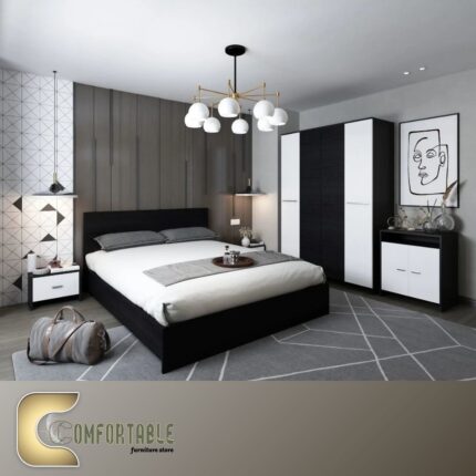 غرفة نوم شبابي مودرن مكونة من سرير ودولاب وتسريحة بتصميم انسيابي وأنيق.