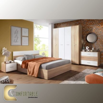 غرفة نوم شبابي مودرن مكونة من سرير ودولاب وتسريحة بتصميم انسيابي وأنيق.