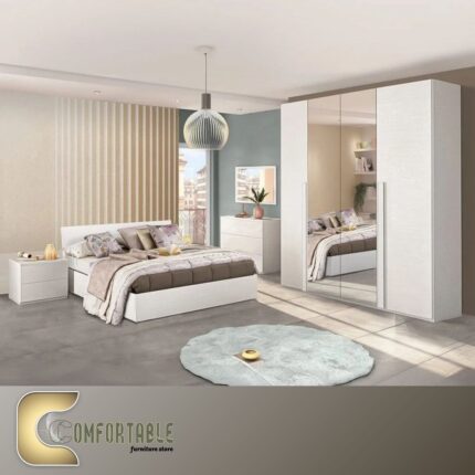 Arabic: غرفة نوم ماستر مودرن كاملة تشمل سرير ودولاب وتسريحة بتصميم فاخر. English: Complete Modern Master Bedroom Set including Bed, Wardrobe, and Dresser with luxury design.