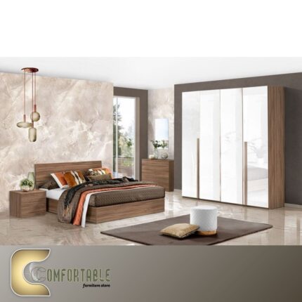 Arabic: غرفة نوم ماستر مودرن كاملة تشمل سرير ودولاب وتسريحة بتصميم فاخر. English: Complete Modern Master Bedroom Set including Bed, Wardrobe, and Dresser with luxury design.
