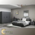 Arabic: غرفة نوم ماستر مودرن كاملة تشمل سرير ودولاب وتسريحة بتصميم فاخر. English: Complete Modern Master Bedroom Set including Bed, Wardrobe, and Dresser with luxury design.
