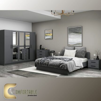 Arabic: غرفة نوم ماستر مودرن كاملة تشمل سرير ودولاب وتسريحة بتصميم فاخر. English: Complete Modern Master Bedroom Set including Bed, Wardrobe, and Dresser with luxury design.