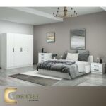 Arabic: غرفة نوم ماستر مودرن كاملة تشمل سرير ودولاب وتسريحة بتصميم فاخر. English: Complete Modern Master Bedroom Set including Bed, Wardrobe, and Dresser with luxury design.