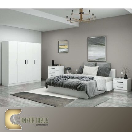Arabic: غرفة نوم ماستر مودرن كاملة تشمل سرير ودولاب وتسريحة بتصميم فاخر. English: Complete Modern Master Bedroom Set including Bed, Wardrobe, and Dresser with luxury design.