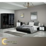 Arabic: غرفة نوم ماستر مودرن كاملة تشمل سرير ودولاب وتسريحة بتصميم فاخر. English: Complete Modern Master Bedroom Set including Bed, Wardrobe, and Dresser with luxury design.