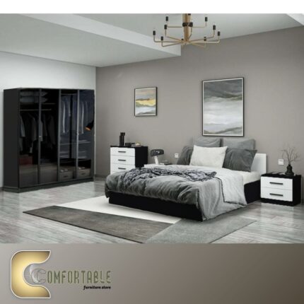 Arabic: غرفة نوم ماستر مودرن كاملة تشمل سرير ودولاب وتسريحة بتصميم فاخر. English: Complete Modern Master Bedroom Set including Bed, Wardrobe, and Dresser with luxury design.