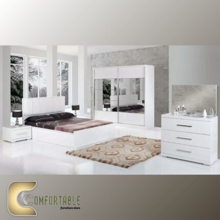 Arabic: غرفة نوم ماستر مودرن كاملة تشمل سرير ودولاب وتسريحة بتصميم فاخر. English: Complete Modern Master Bedroom Set including Bed, Wardrobe, and Dresser with luxury design.