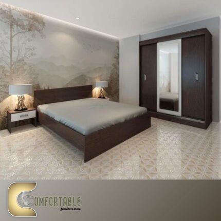Arabic: غرفة نوم ماستر مودرن كاملة تشمل سرير ودولاب وتسريحة بتصميم فاخر. English: Complete Modern Master Bedroom Set including Bed, Wardrobe, and Dresser with luxury design.